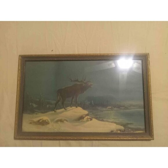 Antique 1927 Theo Lithograph “Call of the Night Elk” – Framed Art Framed Decor - Picture 2 of 3